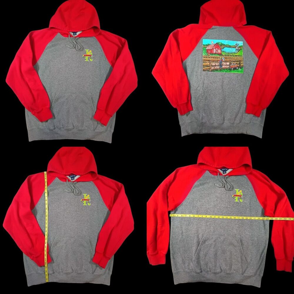 Custom Farm Art Hoodie Mens XL Gray Red Fleece Lined Cotton Blend Raglan Sleeve